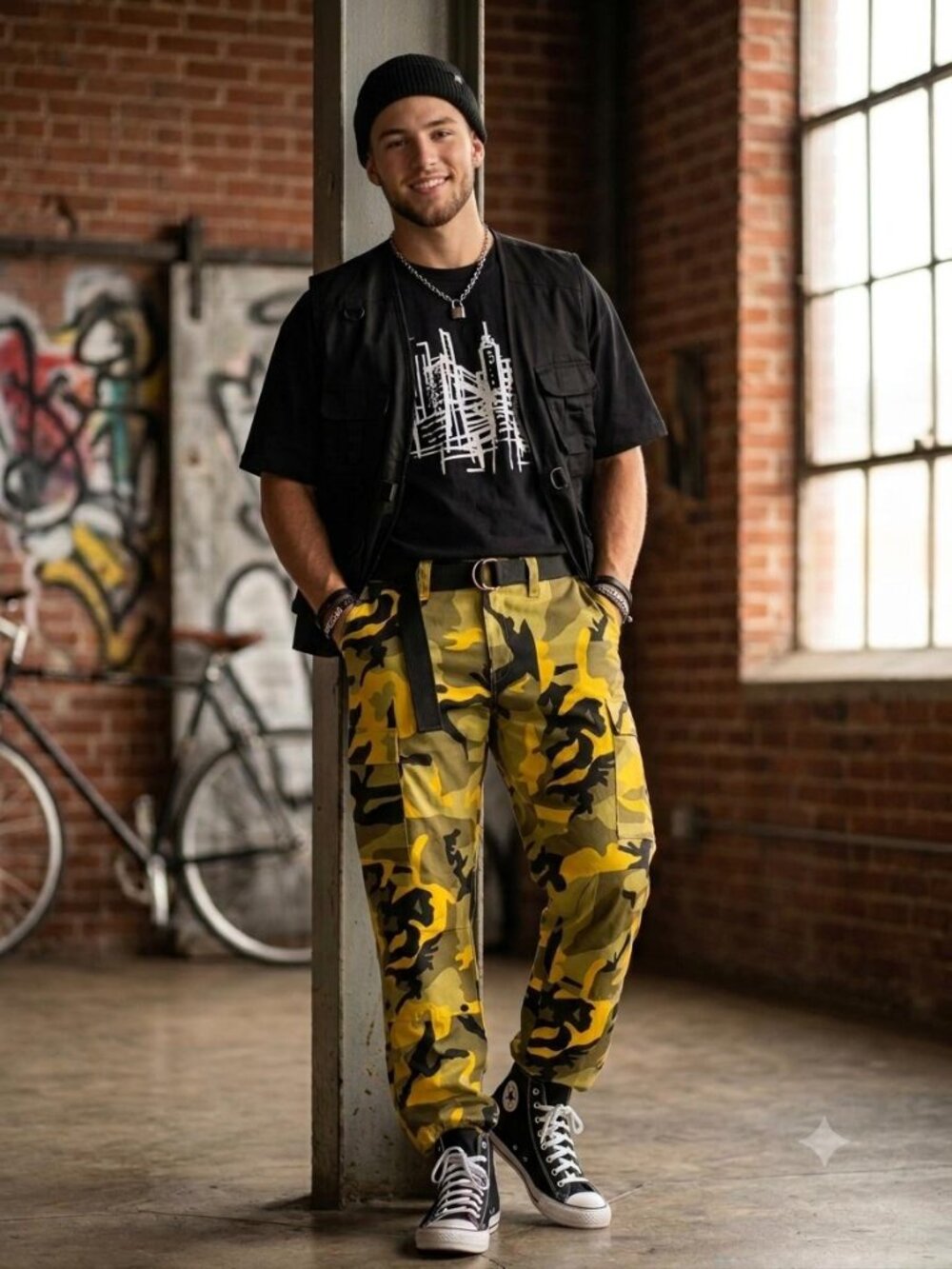 Men's Yellow Camo Cargo Pants BDU Military Style Size 42 Adjustable Cuffs NWT